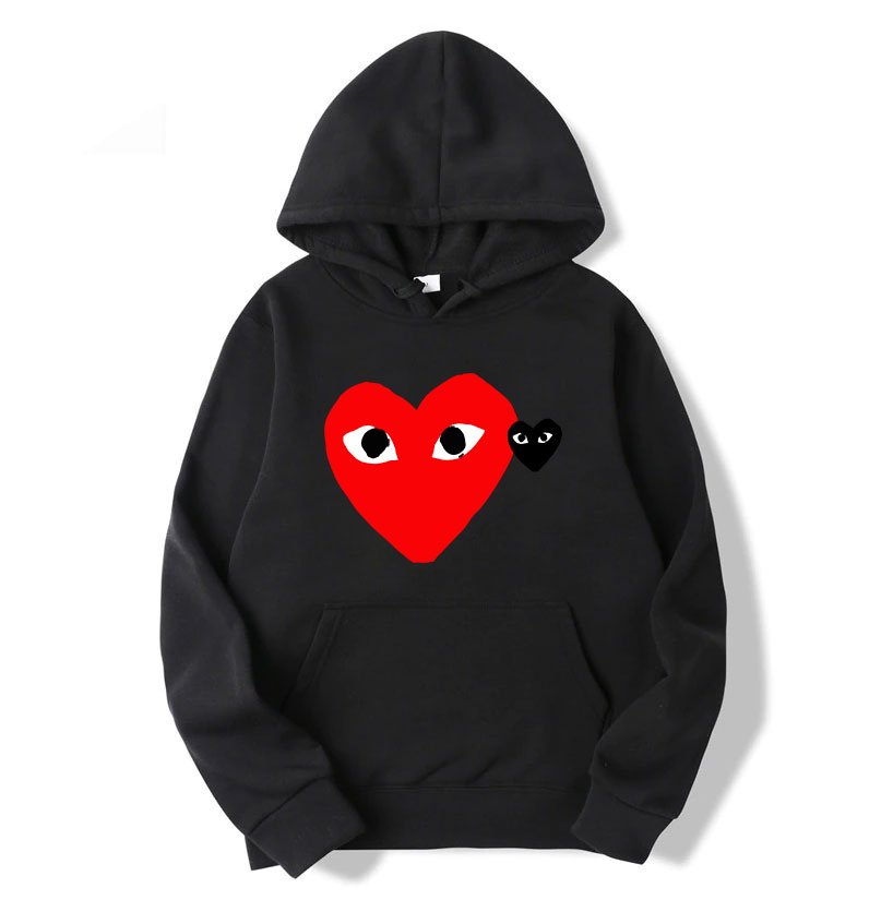 felpa con cappuccio cdg con cuore rosso e cuore grigio