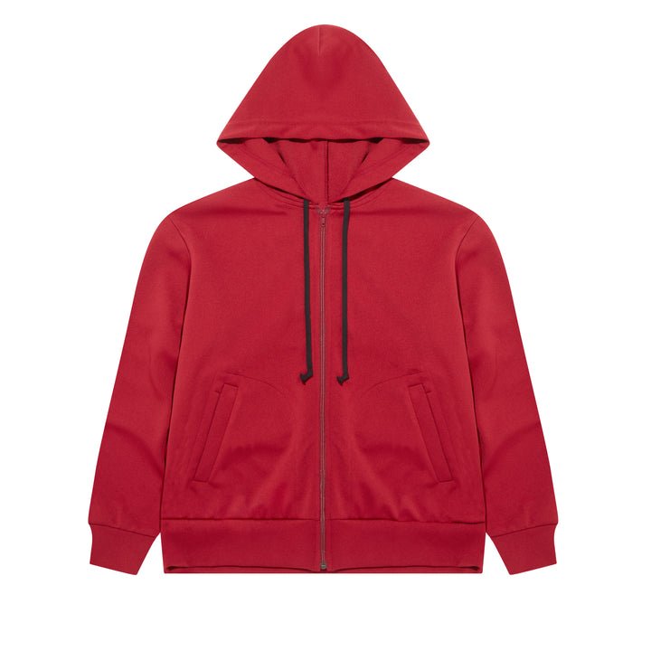 felpa con cappuccio e zip rossa con cuore invasore e emblema blu bordeaux