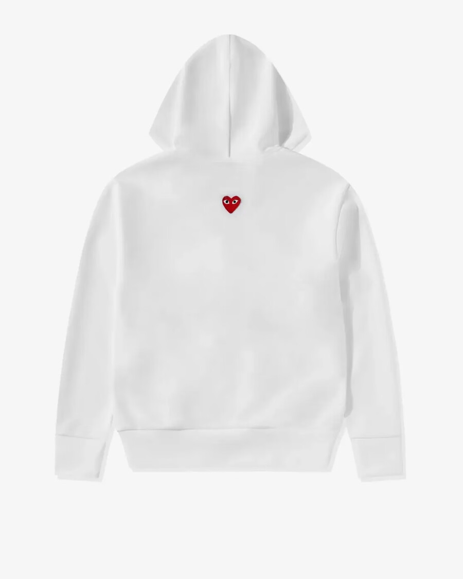 felpa con cappuccio unisex con zip e cuore rosso rovesciato play cdg bianca