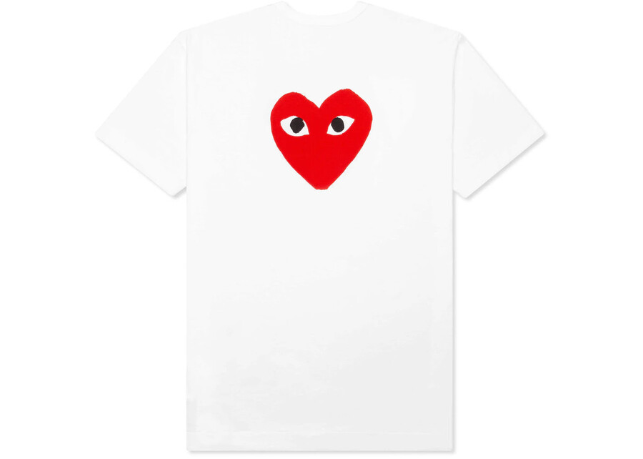 maglietta cdg play red emblem no eyes bianca