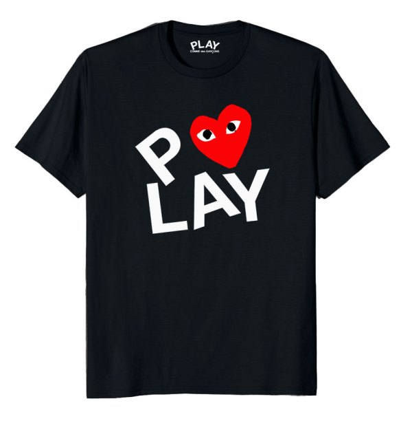 t-shirt cdg nera con doppio cuore e stampa serigrafica nera