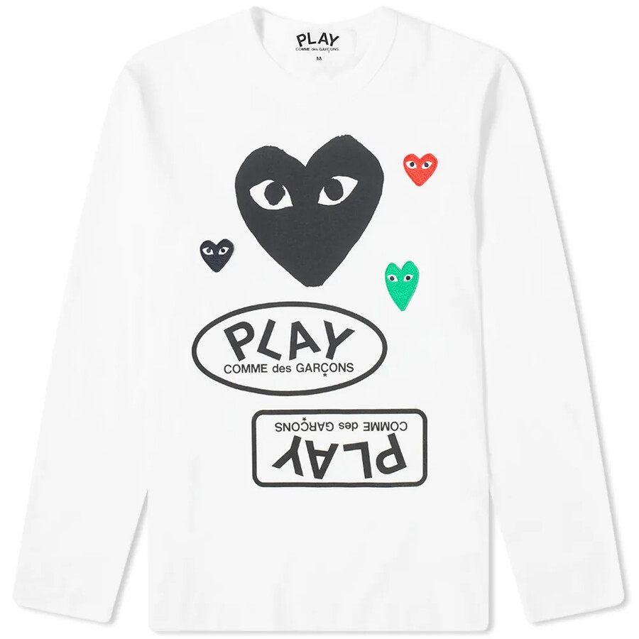 cdg play maglia a maniche lunghe con logo multiplo bianca e nera