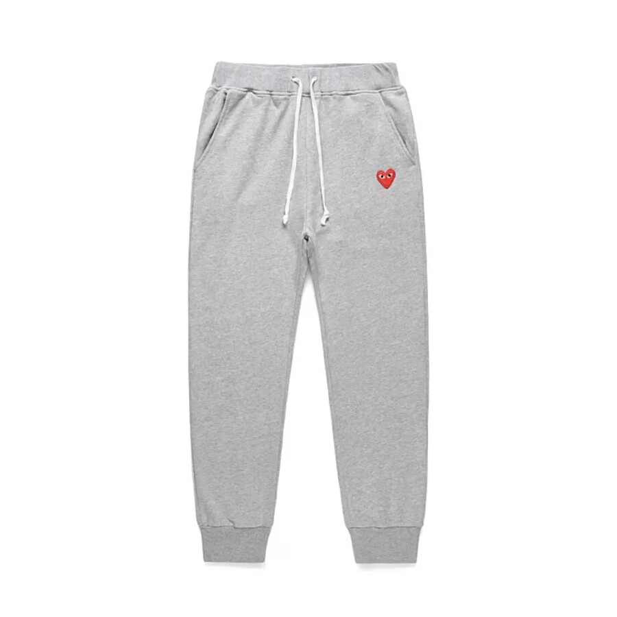 pantaloni della tuta grigi con logo a cuore rosso di comme des garçons play